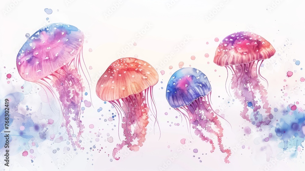 Mushroom and jellyfish combined into one underwater scene Watercolor illustration - Childrens storybook illustration in whimsical fairytale style created with Generative AI Technology - obrazy, fototapety, plakaty 