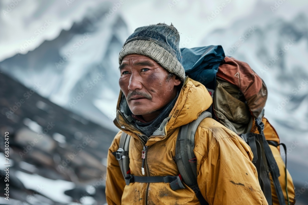 Portrait of a man with weathered face carrying a backpack in mountain terrain Portrait of a man with weathered face carrying a backpack in mountain terrain