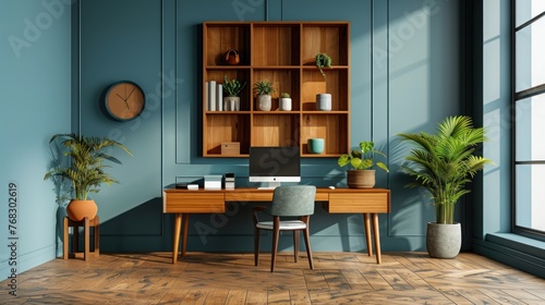 Contemporary home office with minimalistic decor featuring a small wooden desk, AI-generated