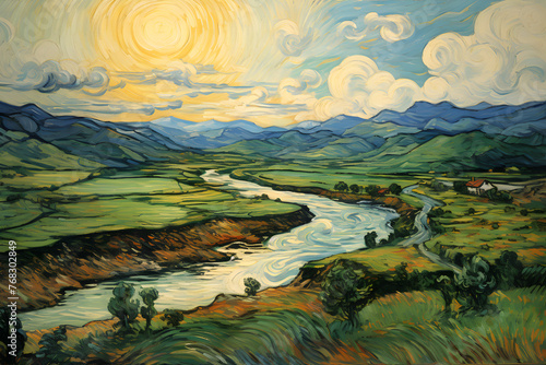 Golden Afternoon: A Serene Panorama of Lush Pastures, Rolling Hills, A Slow River and Velvet Skies © Jose