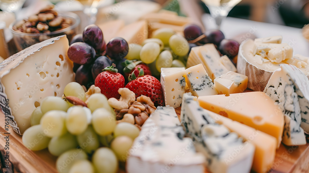 Close-up photo of cheese platter with fresh fruins and nuts, high quality cuisine art Close-up photo of cheese platter with fresh fruins and nuts, high quality cuisine art