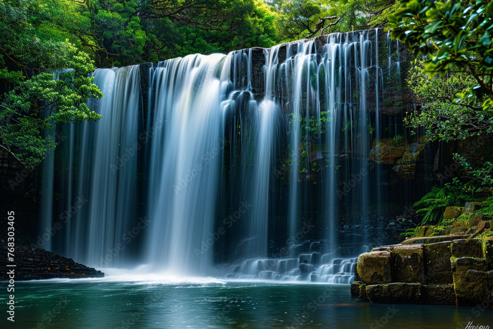 a pristine waterfall in a remote wilderness, the water's descent like a flowing silk curtain
