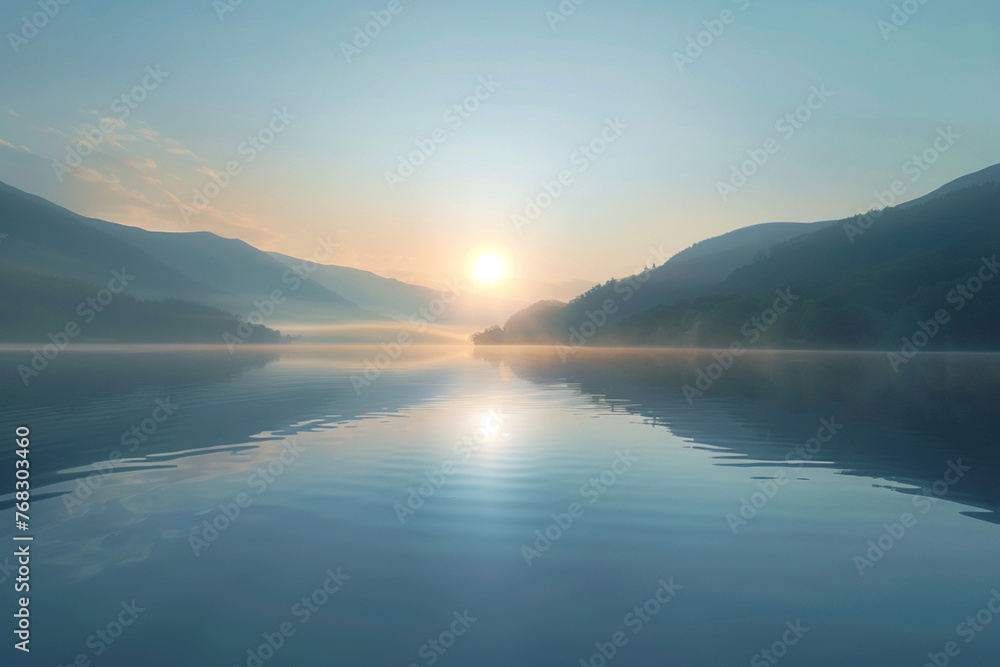 the reflective surface of a mountain lake at dawn, tranquil and silky against the rising sun
