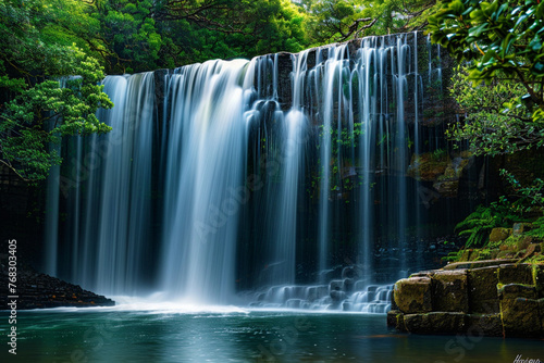 a pristine waterfall in a remote wilderness  the water s descent like a flowing silk curtain 