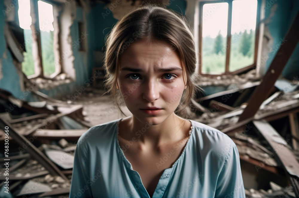 Portrait of a sad girl in a destroyed house.
