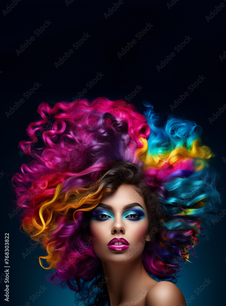 Stylish black woman with colorful  voluminous curly hair and vivid makeup. Cosmetics hairstyle fashion