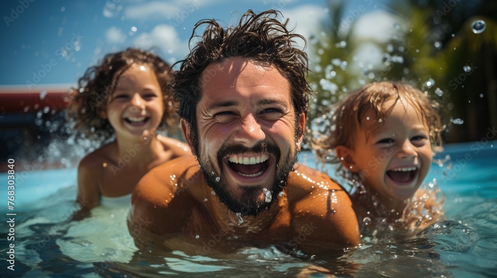 A family on vacation with children relaxing in the pool. Active recreation. Happy travels. Generative AI A family on vacation with children relaxing in the pool. Active recreation. Happy travels. Generative AI