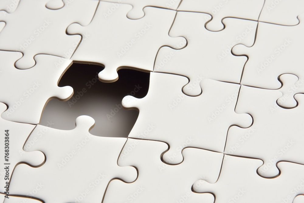 Incomplete white jigsaw puzzle with a single missing piece revealing a dark void Incomplete white jigsaw puzzle with a single missing piece revealing a dark void