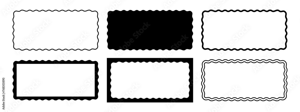 Set of rectangle frames with wiggly edges. Rectangular shapes with undulated borders. Picture or photo frames, empty text boxes, tags or labels scrapbook wavy elements. Vector graphic illustration. - obrazy, fototapety, plakaty 