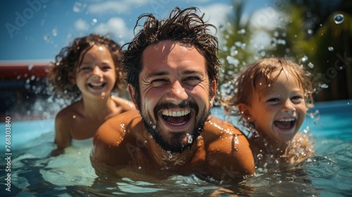 A family on vacation with children relaxing in the pool. Active recreation. Happy travels. Generative AI