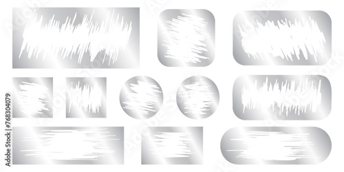 Set of silver scratch card surfaces with scraped textures isolated on white background. Collection of metallic scratchcards, lotto winner, money prize or sale coupon templates. Vector illustration.