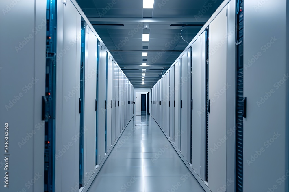 Highcapacity server racks in a data center corridor showcase the power of modern data storage infrastructure. Concept Data Center Infrastructure, Server Racks, High Capacity, Modern Technology