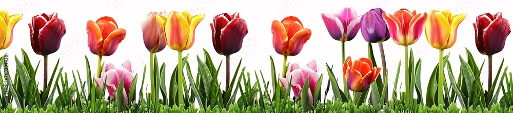 Obraz premium tullips border with transparent background, spring grass, panoramic scale