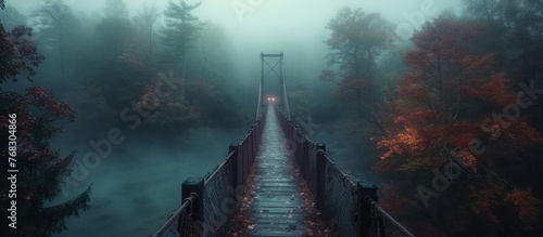 the suspension bridge disappeared in the mist photo