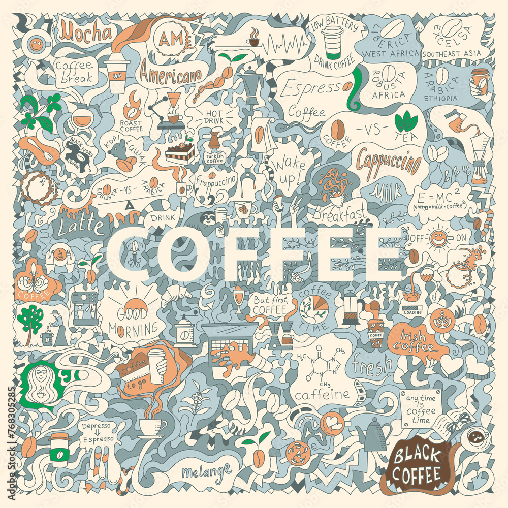 Colored doodle illustration on the coffee theme for decoration, packaging and posters. Square aspect ratio
