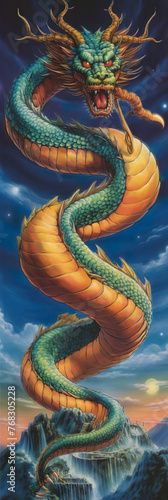 ilustração de dragão verde e amarelo em espiral no céu azul com nuvens photo