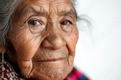 An elderly woman gazes softly at the camera, her mature face telling her life's journey in this close-up