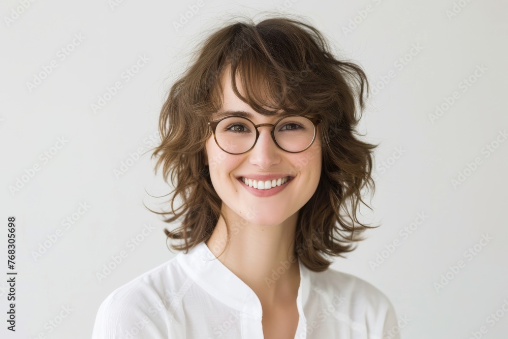 Confident and happy, this woman in glasses exemplifies intelligence and approachability in her candid portrait