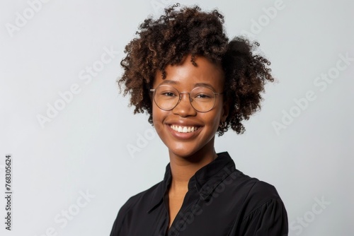 A young woman with stylish large round glasses exudes confidence and trendiness in her sophisticated black attire photo