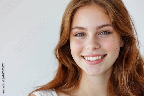 Image of a young, joyful redhead with sparkling blue eyes and a captivating smile in a comfortable setting