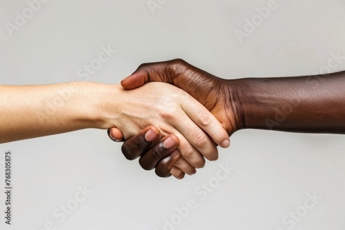 Two hands, one with a light skin tone and the other with a dark skin tone, engage in a strong, confident handshake against a neutral background
