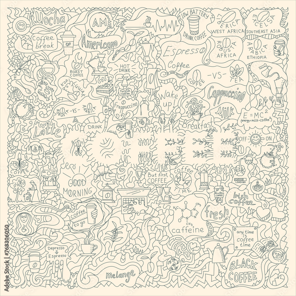 Doodle illustration on the coffee theme for decoration, packaging and posters. Square aspect ratio