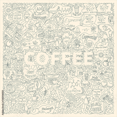 Doodle illustration on the coffee theme for decoration, packaging and posters. Square aspect ratio © Evgenii Kurochkin