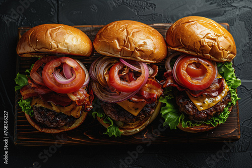 Verlockender Bacon Cheese Burger in Topansicht auf Holzbrett