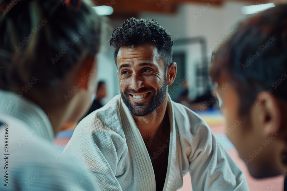 A smiling man interacts with others during a martial arts training session in a dojo - obrazy, fototapety, plakaty 