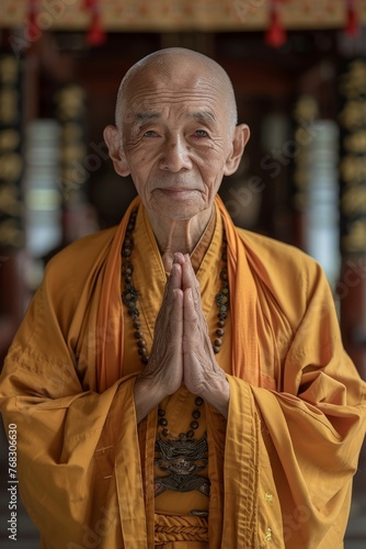 An older monk with a gentle expression stands with palms together in a praying gesture