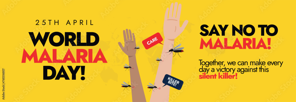 25th April World Malaria day. World Malaria day celebration cover banner with human arms and multiple mosquitoes biting on them. Malaria prevention awareness banner to fight illnesses against mosquito - obrazy, fototapety, plakaty 