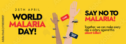 25th April World Malaria day. World Malaria day celebration cover banner with human arms and multiple mosquitoes biting on them. Malaria prevention awareness banner to fight illnesses against mosquito photo