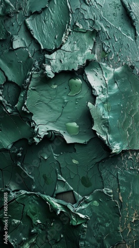 Deep green paint reveals intricate cracks and textures, suggesting decay and the passage of time on a hard surface