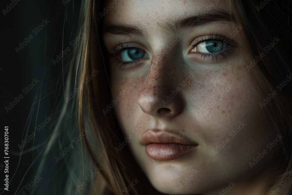 A portrait focusing on the detailed features of a young woman with striking blue eyes and freckles A portrait focusing on the detailed features of a young woman with striking blue eyes and freckles