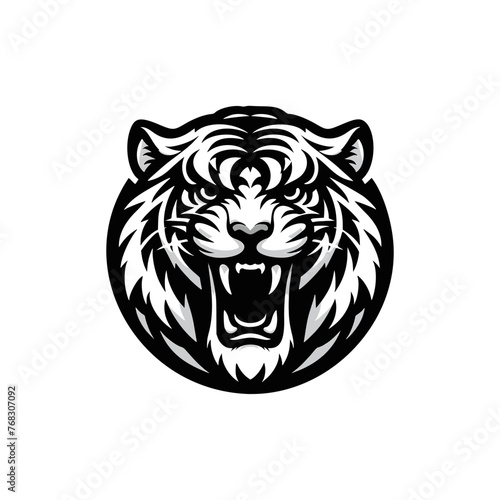 Vector logo of a tiger head. Black and white illustration of a roaring tiger.