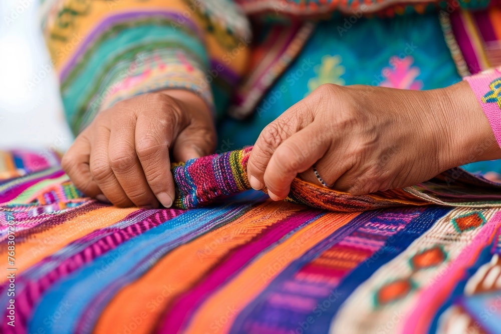 Close-up of hands engaging with the intricate patterns of a colorful fabric