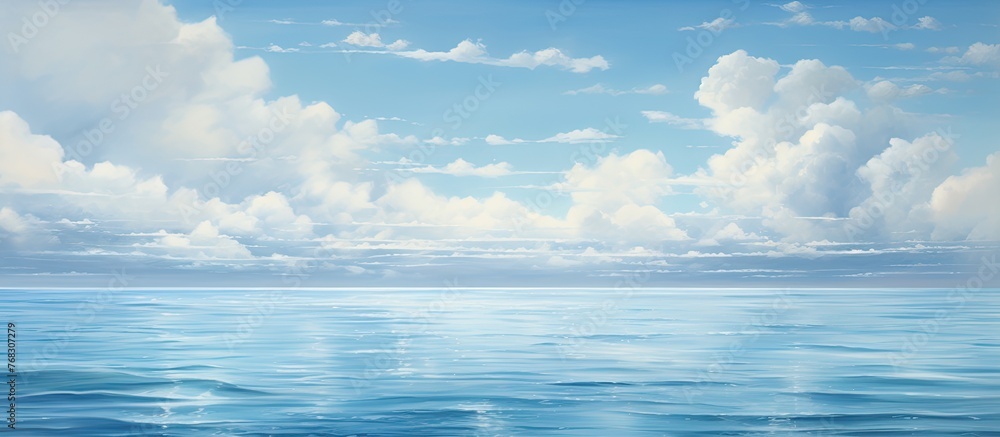 A vast body of liquid reflecting a cloudy sky, creating a serene natural landscape with cumulus clouds on the horizon