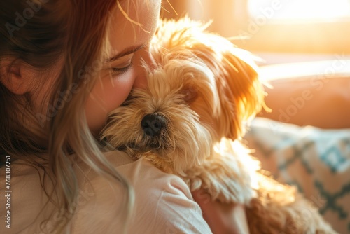 A fluffy dog shares a bonding moment with its human in a warm, golden-lit environment, evoking feelings of love and trust