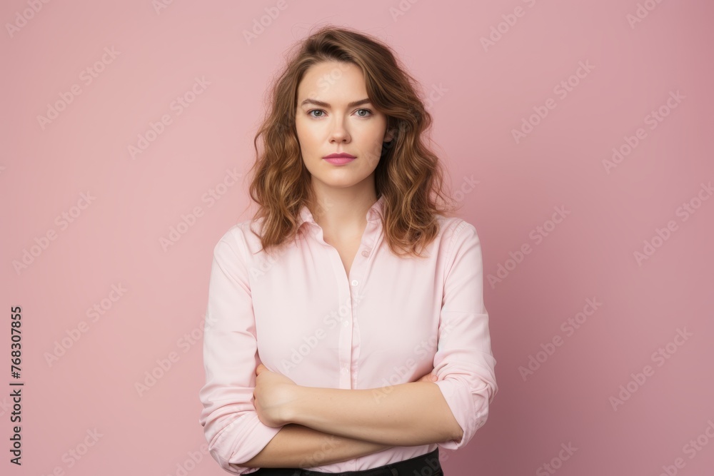 Portrait of young business woman with crossed arms on pink background. Portrait of young business woman with crossed arms on pink background.