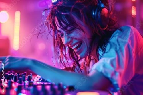 A focused DJ fully engaged in mixing tracks, shown with detailed DJ equipment in a high-energy setting