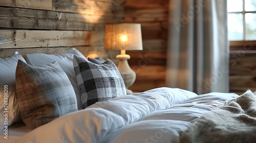 Cozy Cabin Bedroom Interior with Plaid Pillows