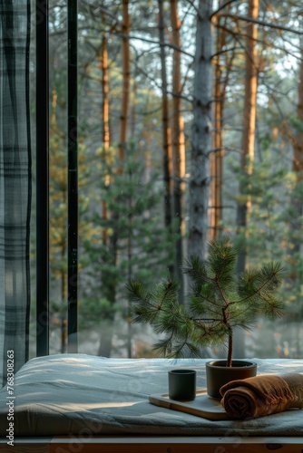 A minimalistic room featuring a bedside pine tree pot complementing the expansive forest outside
