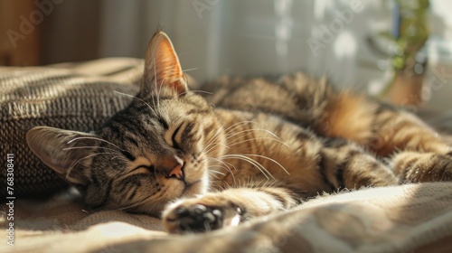 A lazy cat is enjoy relaxing in the bed at home. AI generated image