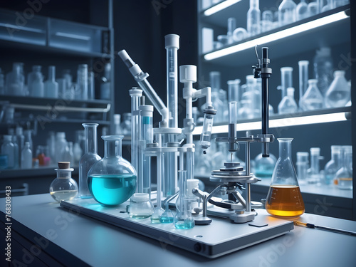 Medical, pharmaceutical research concept showcasing an impeccably arranged scene of laboratory instruments, pharmaceutical compounds, and scientific breakthrough design.