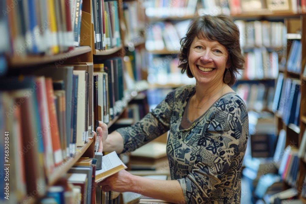 A smiling mature woman enjoying the search for books in a library setting, surrounded by shelves of literature A smiling mature woman enjoying the search for books in a library setting, surrounded by shelves of literature