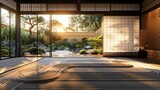 Traditional Japanese Zen Garden View at Sunset