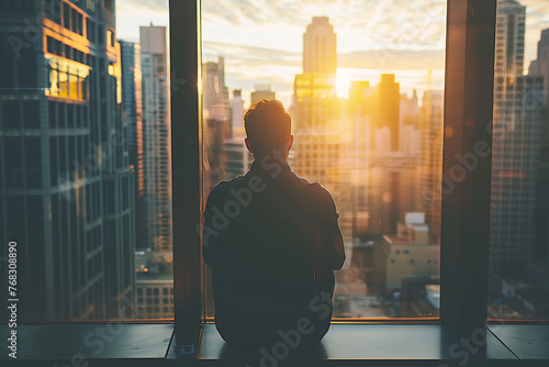 A man watching the sunset from a building #768308890