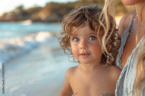 A woman with surfer hair holding a little girl by the water on the beach. Both are happy and enjoying a fun day of leisure and travel under a tree with a chest nearby