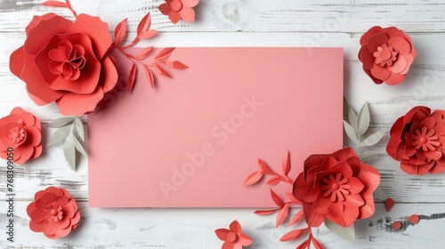 Blank pink paper card around red flowers frame decoration isolated on white background. AI generated
