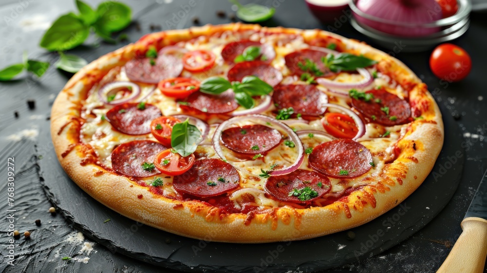 Top view traditional homemade tasty Italian pepperoni pizza on a dark slate table. AI generated